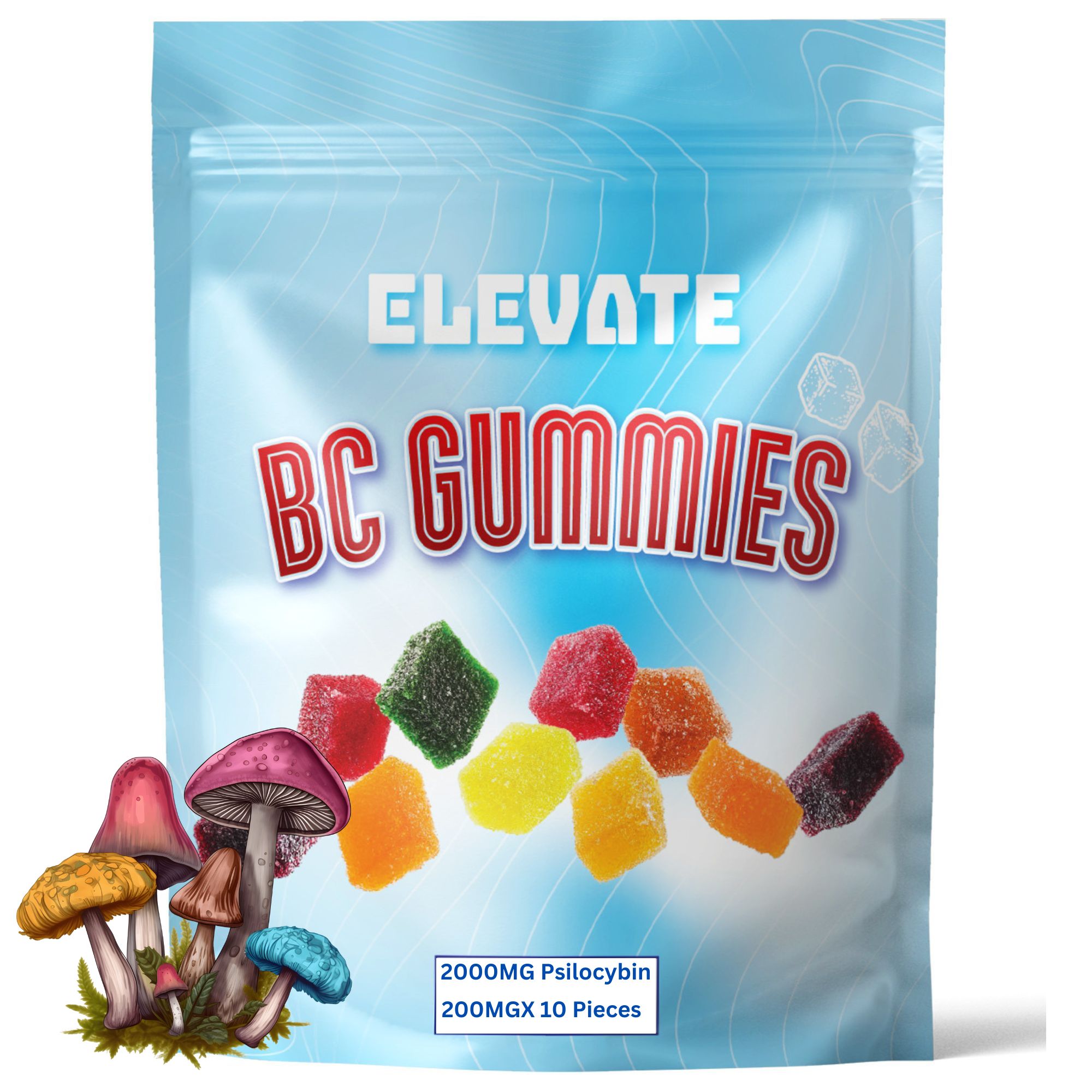 Elevate BC Psilocybin Gummies 2000mg A resealable package of Elevate BC Psilocybin Gummies 2000mg, featuring 10 handmade, fruit-flavoured gummies infused with psilocybin cubensis.