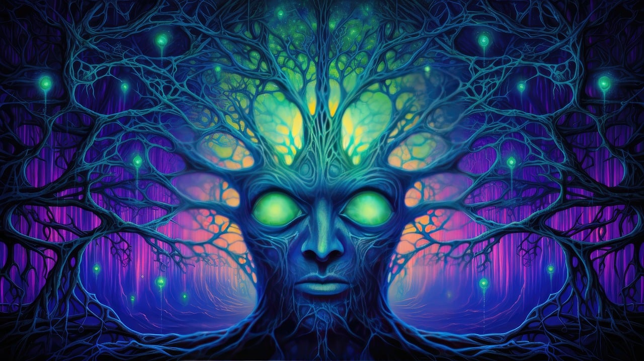 A surreal illustration of a face emerging from intricate, tree-like branches with glowing green nodes against a vibrant purple and blue background.