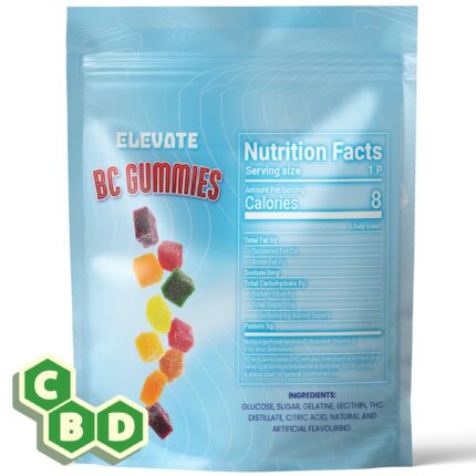 Elevate BC Gummies package containing premium CBD gummies in fruity flavours with 20mg of CBD per gummy. Back of packaging.