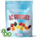 Elevate BC Gummies package containing premium CBD gummies in fruity flavours with 20mg of CBD per gummy.