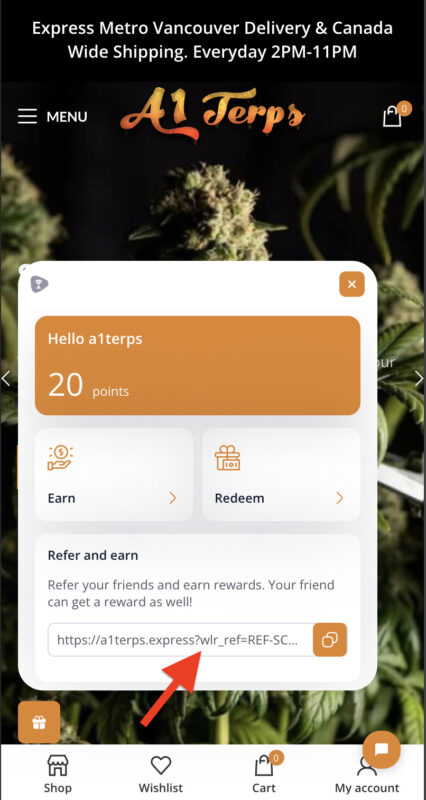 Referral link for a weed delivery service on a smartphone.