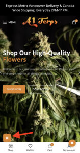 A clear image showing a close-up of a smartphone screen displaying a referral link for a weed delivery service with the website URL www.a1terps.express.