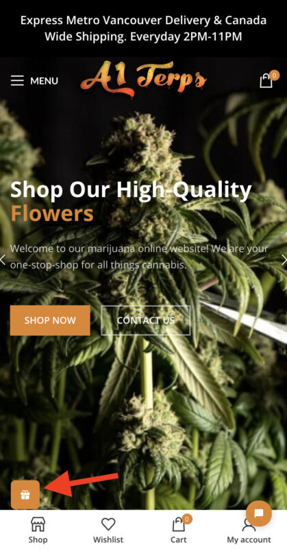 A clear image showing a close-up of a smartphone screen displaying a referral link for a weed delivery service with the website URL www.a1terps.express.