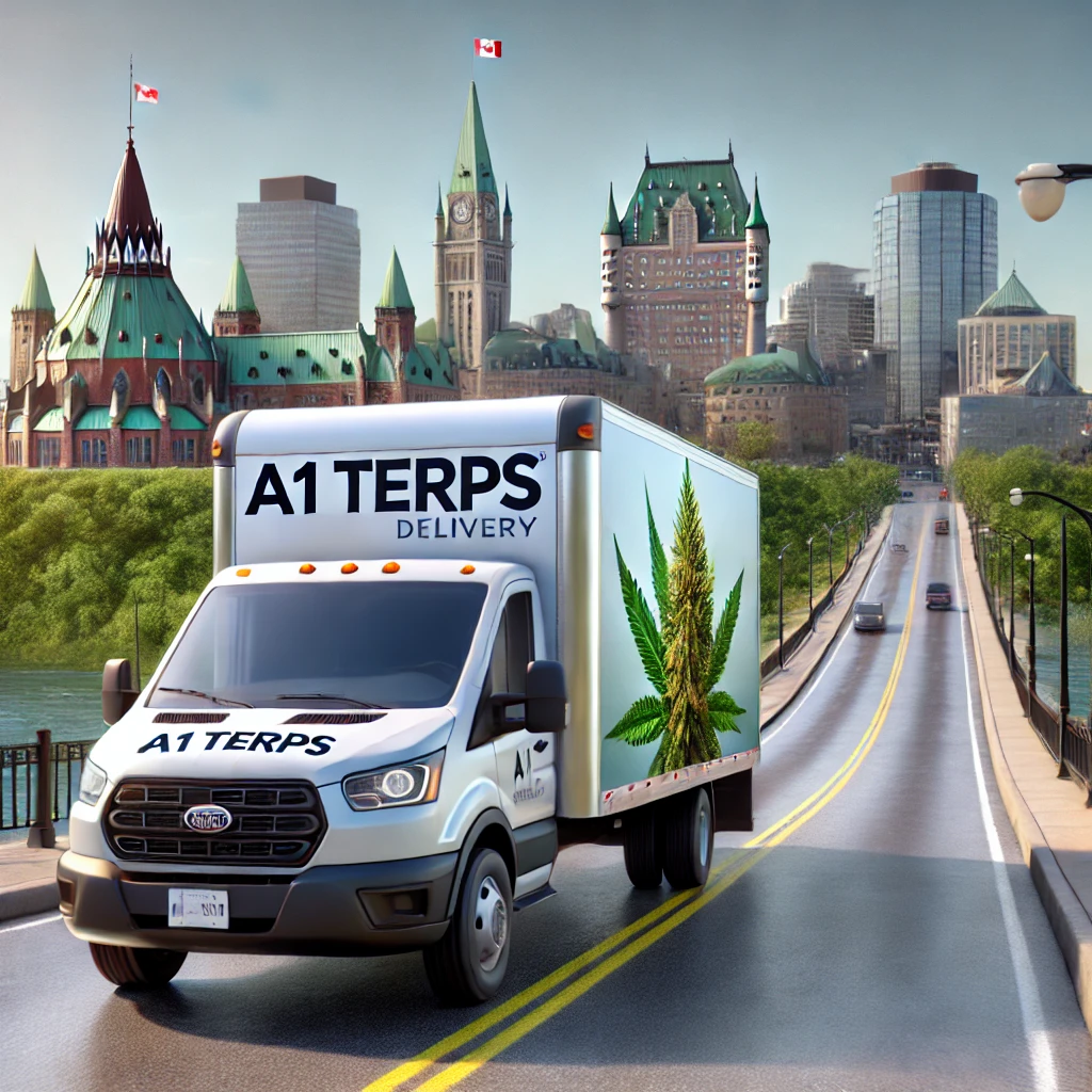 A1 Terps delivery truck driving towards Gatineau, Quebec, with the city skyline in the background.