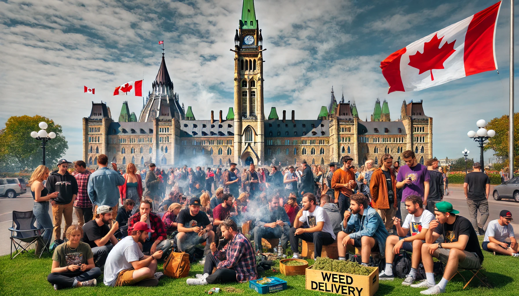 A group of people casually smoking weed in front of Parliament Hill in Ottawa, with visible smoke rising and signs for weed delivery services.