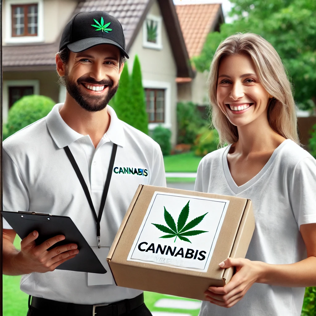 Friendly delivery person handing over a cannabis package to a customer in Vancouver.