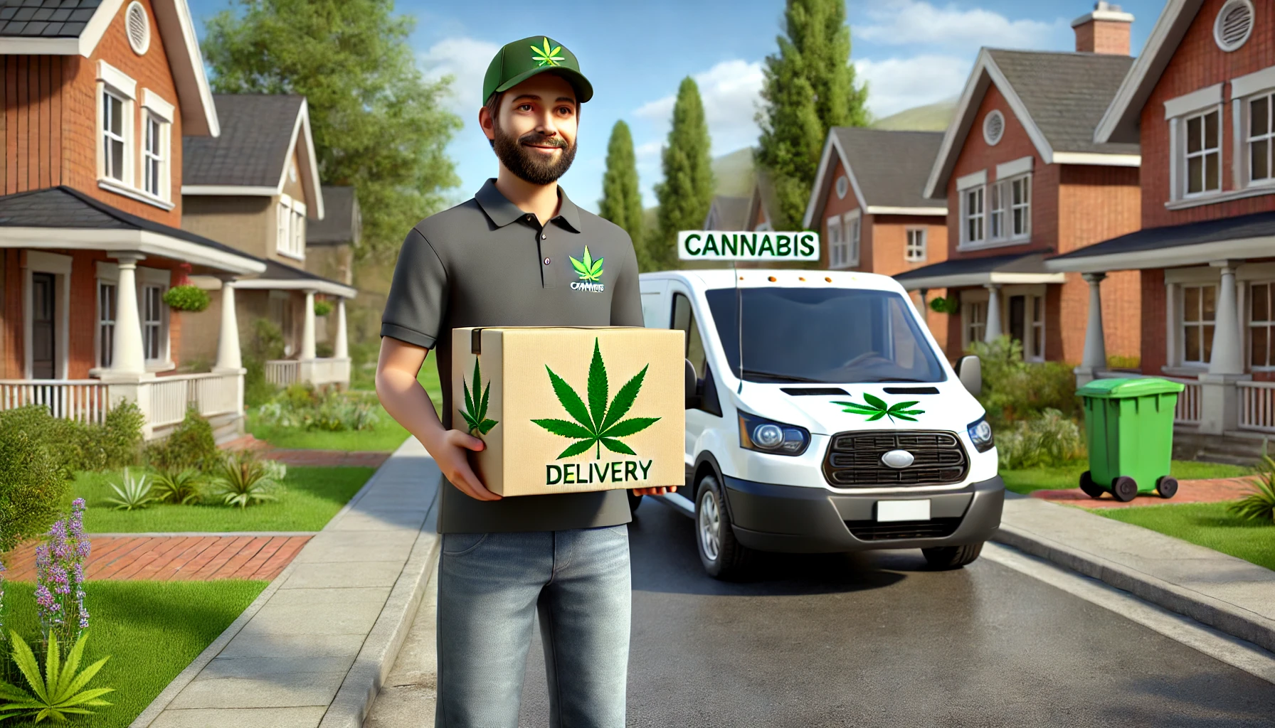 A friendly delivery person holding a box with a cannabis leaf logo, standing next to a van with the same logo, showcasing a weed delivery service in a bright and inviting suburban neighborhood