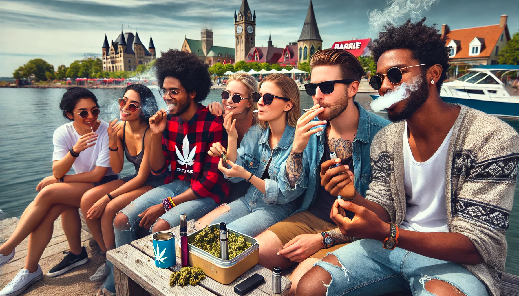 Friends smoking weed at Barrie's waterfront with local landmarks in the background, highlighting weed delivery and cannabis delivery. All friends are wearing sunglasses, with visible smoke and some using vapes.