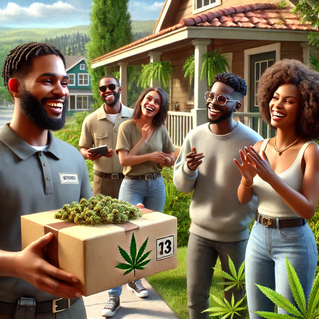 People happily receiving a weed delivery from a smiling delivery person outside a cozy home with a welcoming front porch.