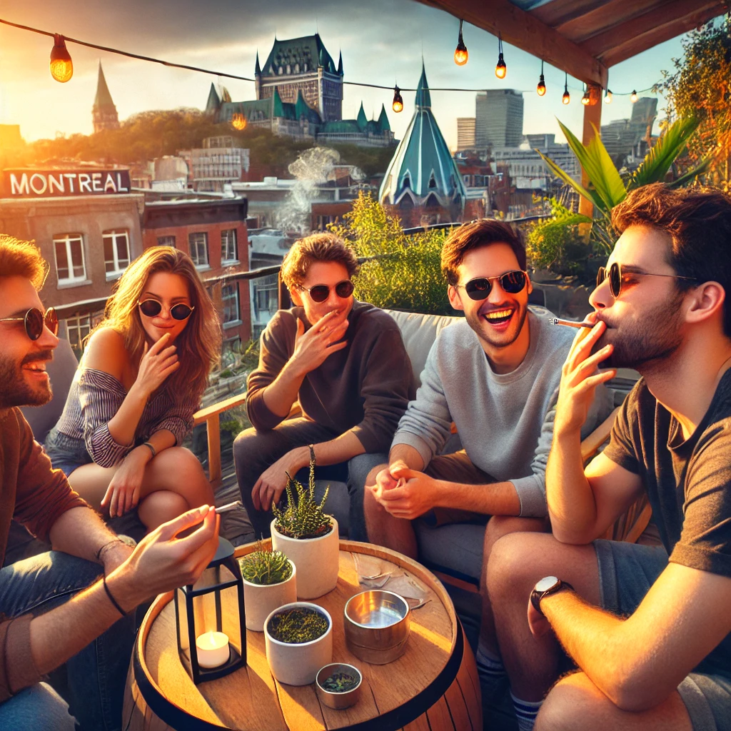 Un groupe d'amis à Montréal assis sur une terrasse en train de fumer du cannabis livré à domicile, avec le panorama de la ville et le Mont Royal en arrière-plan.