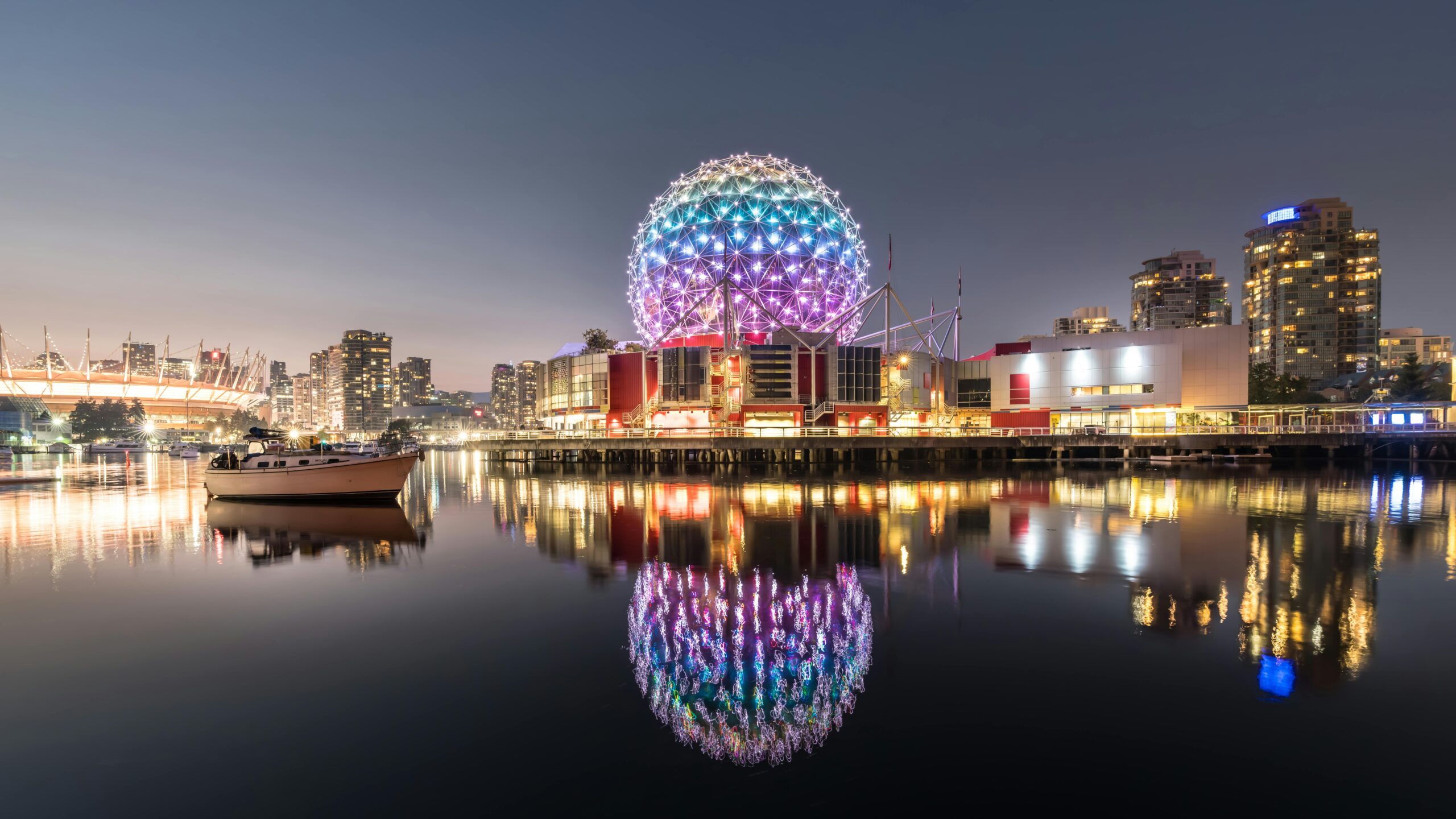 A scenic view of Vancouver's Science World, highlighting weed delivery services.