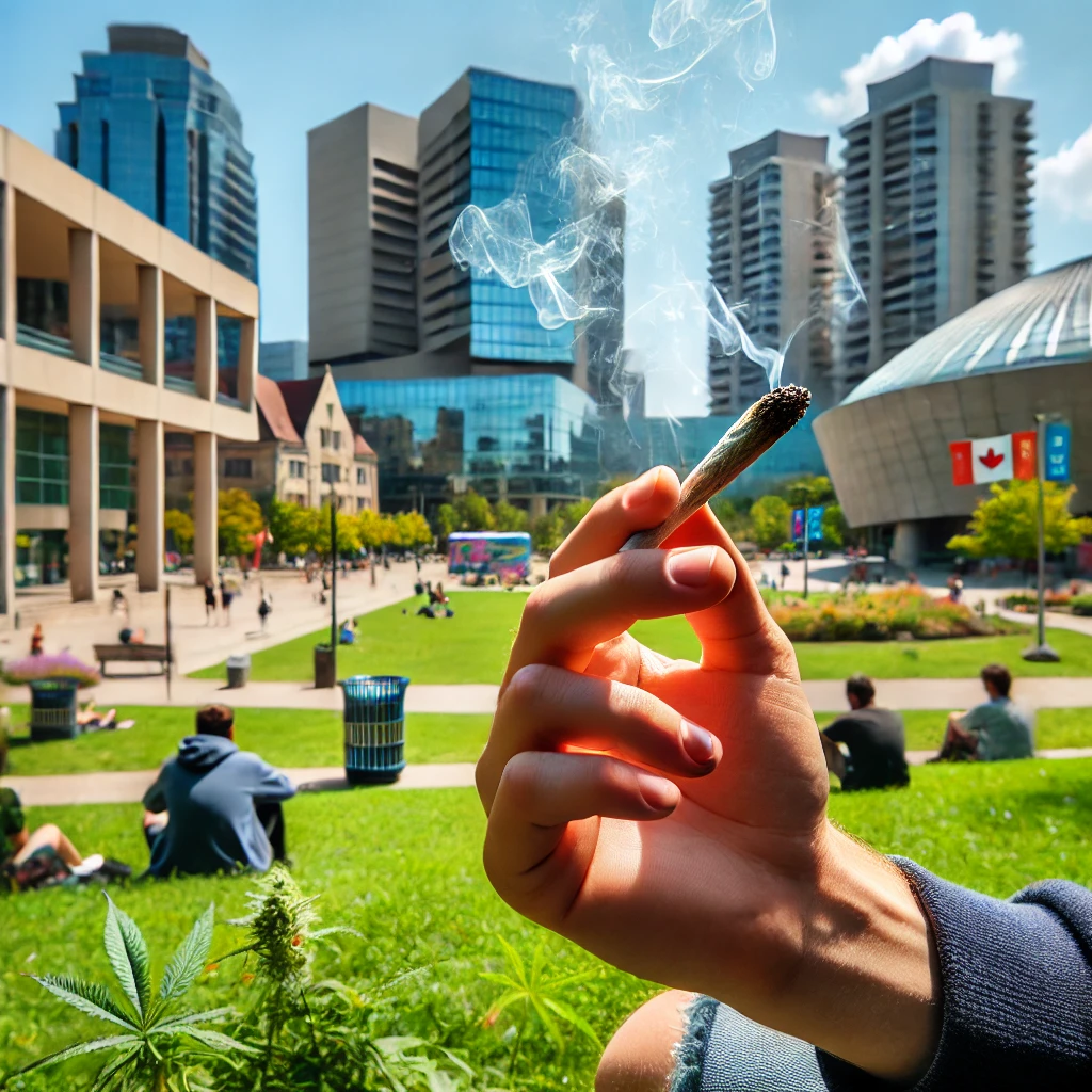 A hand holding a lit joint with visible smoke in a park in Kitchener, Ontario, showcasing the convenience of weed delivery and cannabis delivery services in the area.