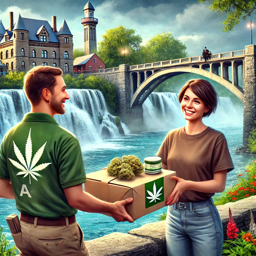 Cannabis Delivery to a woman at Hamilton Waterfalls with a bridge, representing weed delivery and cannabis delivery.