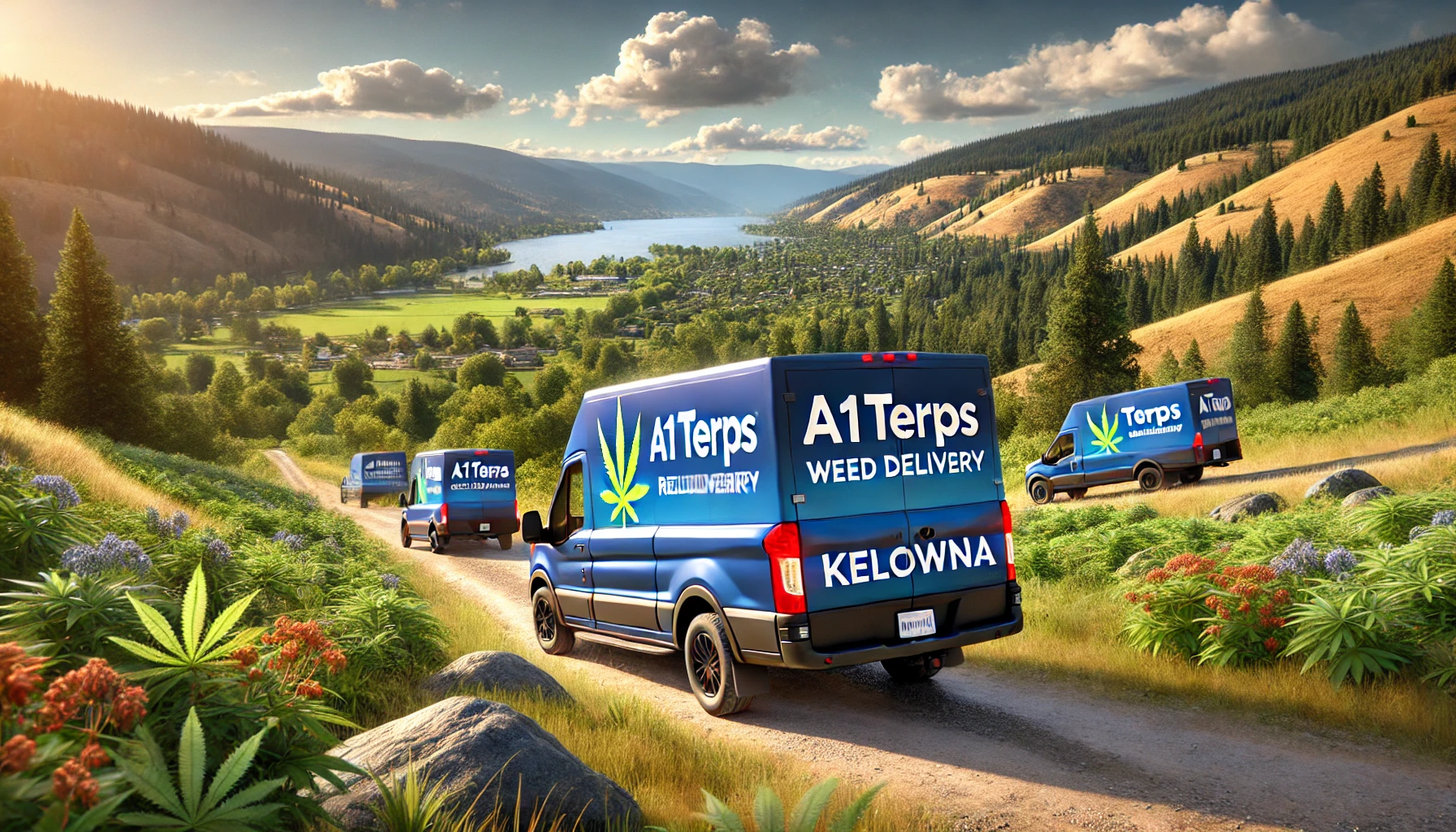 Scenic view of Kelowna with A1 Terps weed delivery trucks driving through the landscape.