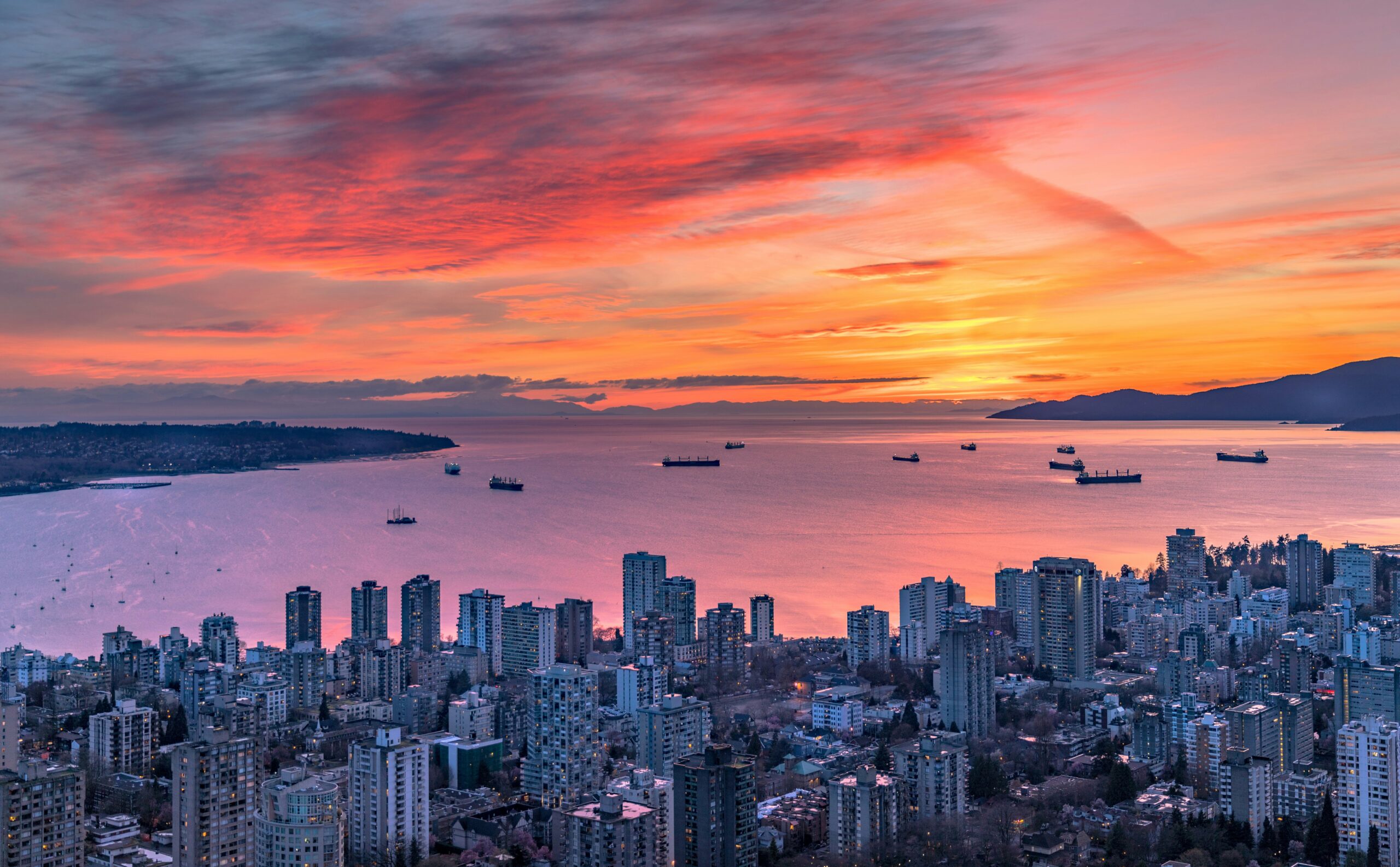 Vancouver skyline at sunset, showcasing A1 Terps' weed delivery services