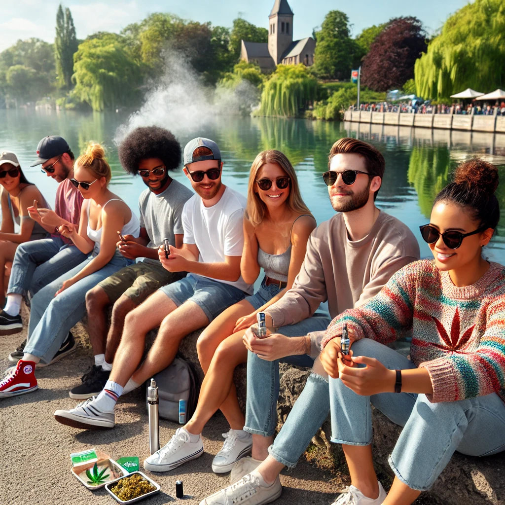 A group of diverse people casually using cannabis by the waterfront in St. Catharines after a weed delivery from A1 Terps, all wearing sunglasses