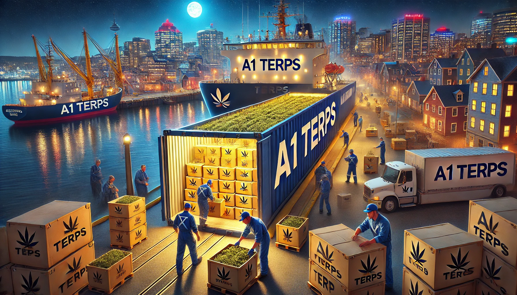 A1 Terps workers loading a ship with cannabis delivery products in Halifax harbor at night