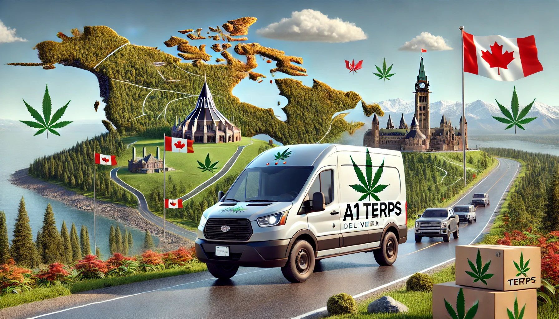A1 Terps delivery van driving across a map of Canada with major cities and landmarks, featuring a cannabis leaf logo and highlighting cannabis and weed delivery.