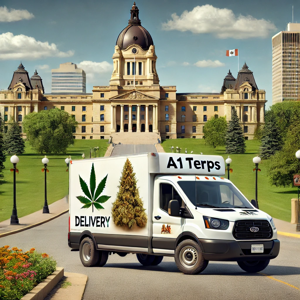 A1 Terps branded cannabis delivery truck delivering weed in Regina, Saskatchewan, with the Saskatchewan Legislative Building and Wascana Lake in the background.