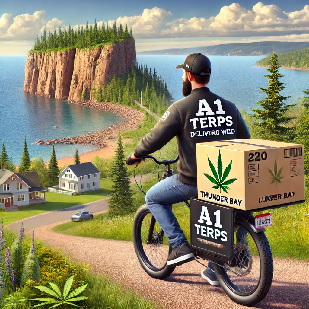A1 Terps courier on a bike delivering cannabis weed in Thunder Bay, with the Sleeping Giant rock formation and Lake Superior in the background.