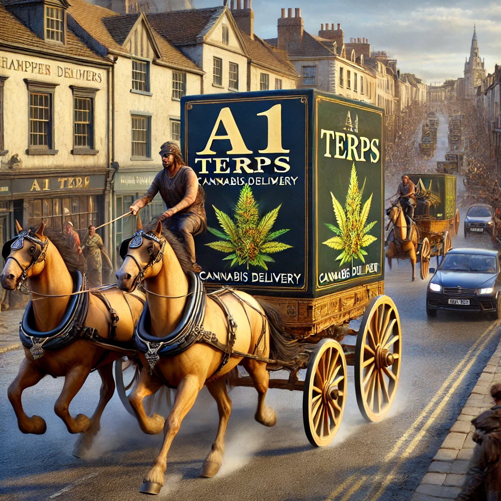 Horse chariots delivering cannabis in Québec City with A1 Terps branding