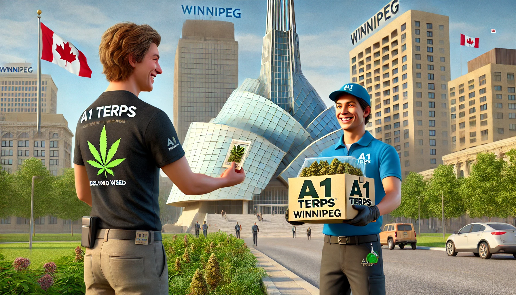 A1 Terps delivery person handing over a package of weed to a customer in front of the Canadian Museum for Human Rights in Winnipeg.