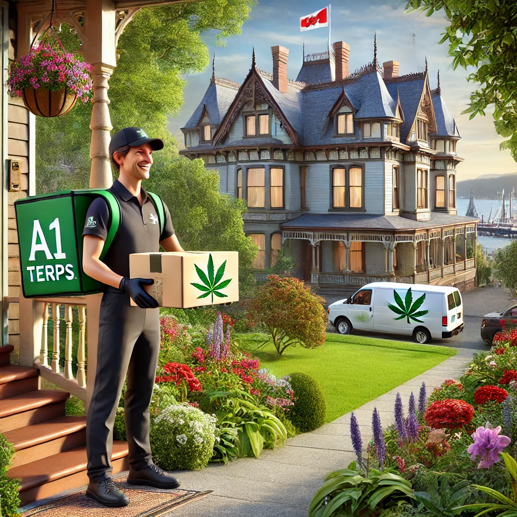A1 Terps delivery person handing a package at a Victorian-style house in Victoria, BC, representing weed delivery Victoria