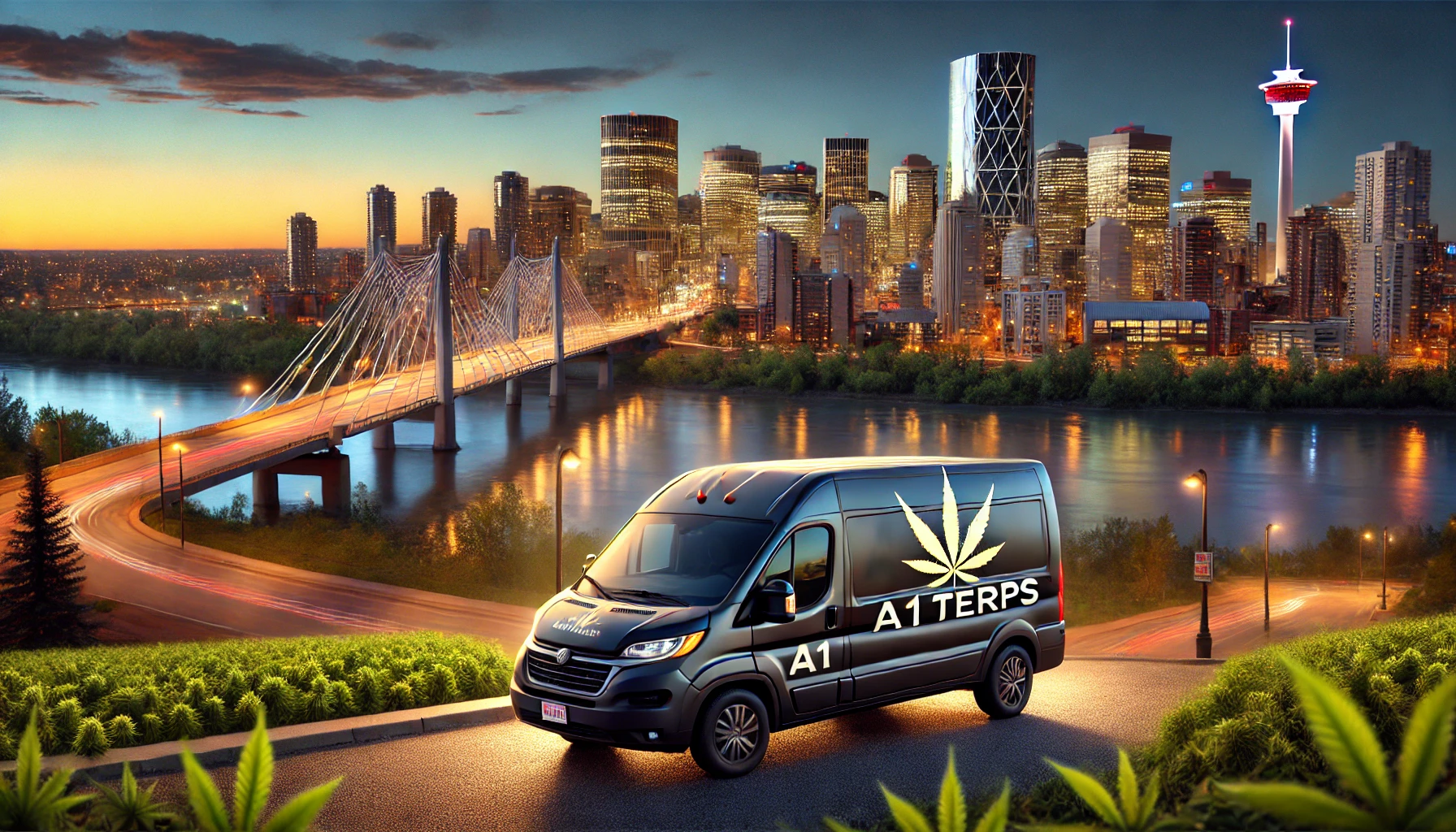 A1 Terps delivery van parked near the Walterdale Bridge, representing weed delivery Edmonton