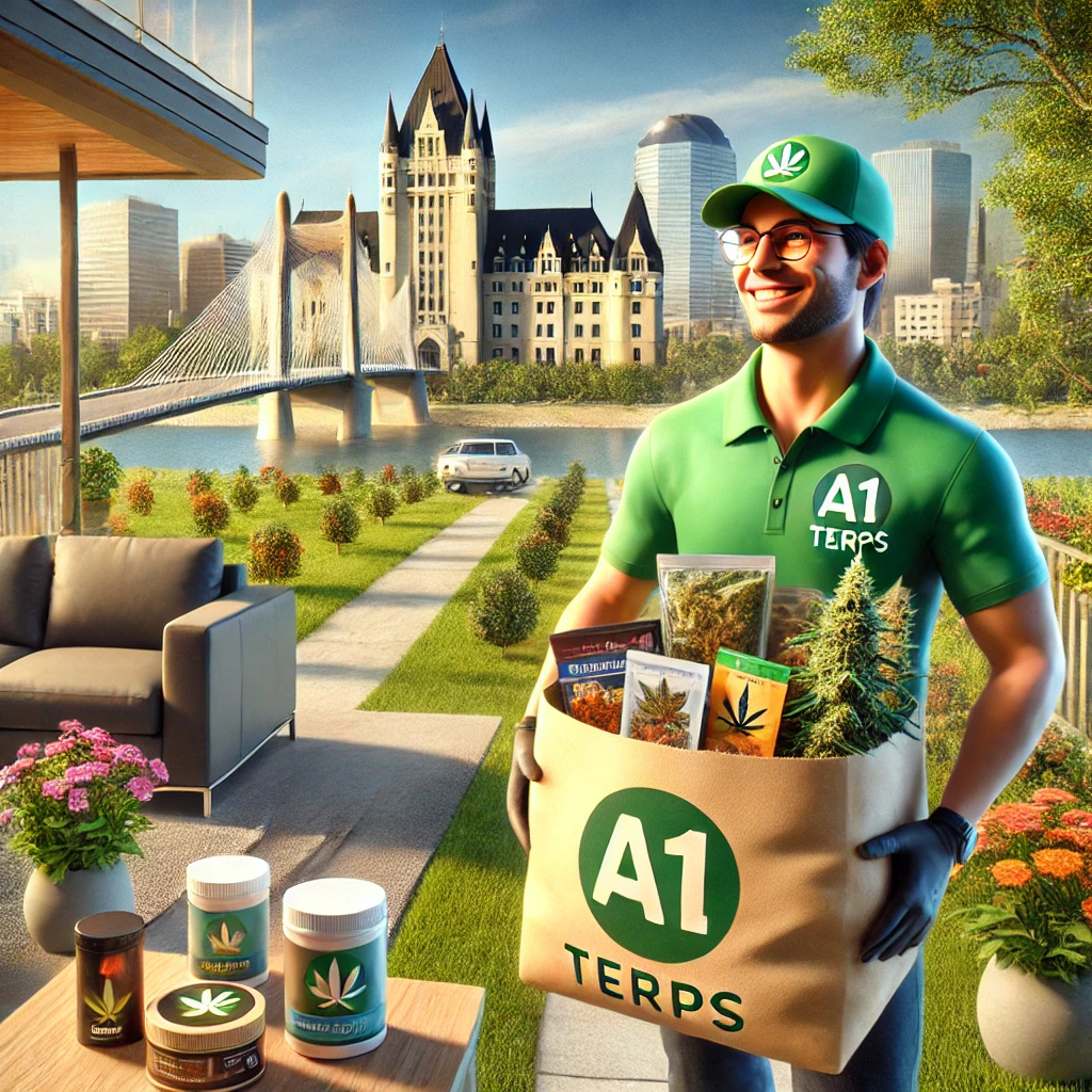A1 Terps delivery person with a branded bag in front of iconic Saskatoon landmarks, providing weed delivery Saskatoon services.