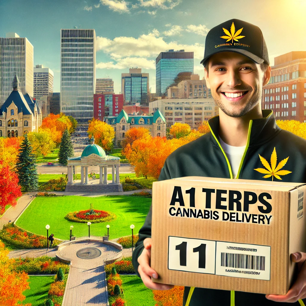 Weed delivery Regina: A1 Terps delivery person with package in Regina's autumn cityscape.