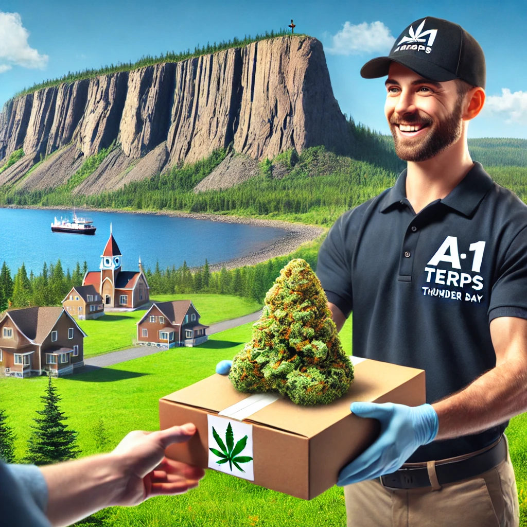 Delivery person handing over a package with the Sleeping Giant in Thunder Bay in the background.