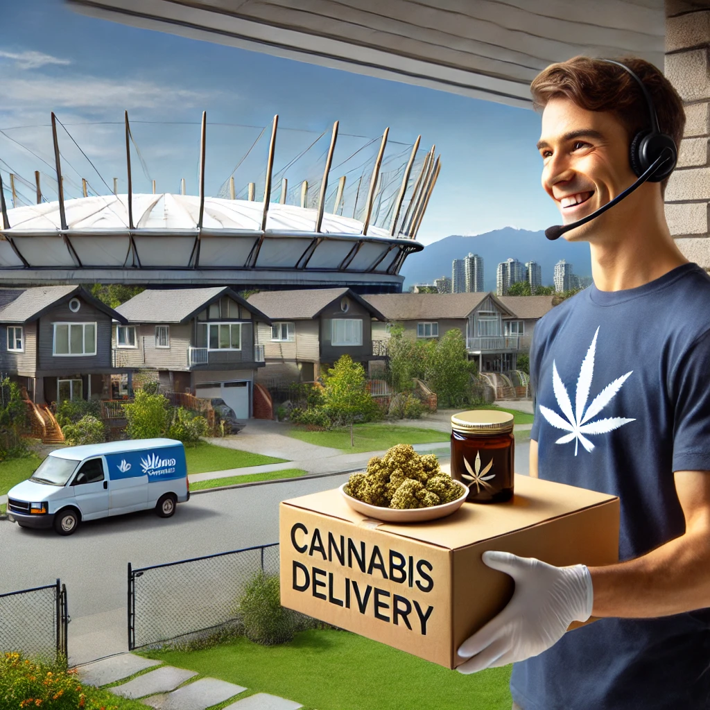 Realistic photo of a cannabis delivery in Richmond, BC, with the Richmond Olympic Oval in the background for Weed Delivery Richmond.