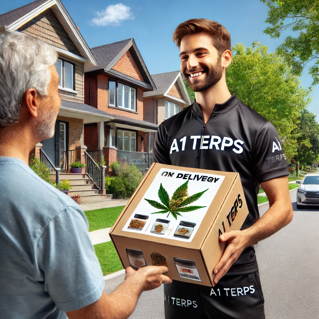Weed delivery North York by A1 Terps, friendly delivery person handing a cannabis package to a customer