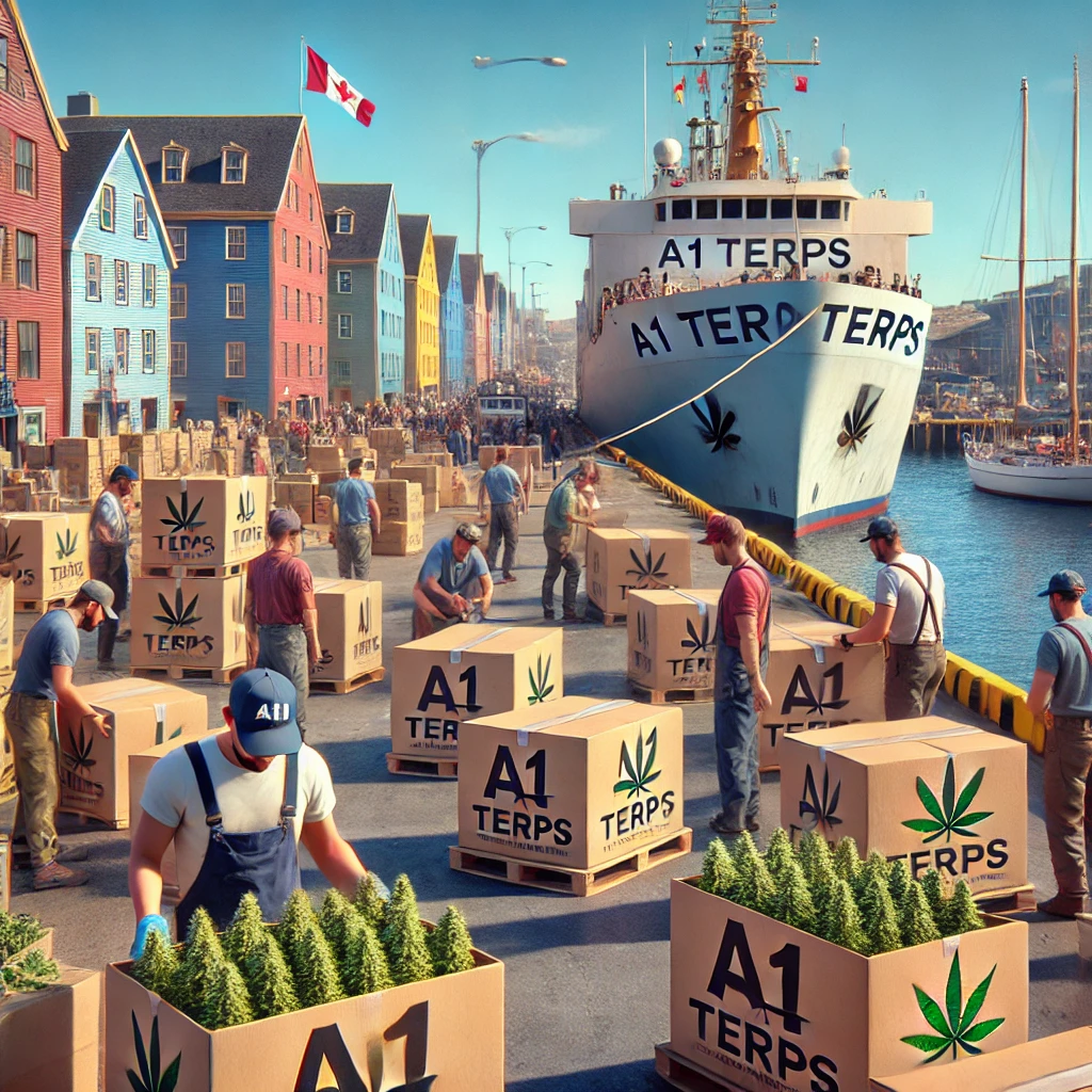 Workers loading boxes labeled 'A1 Terps' and cannabis products onto a ship at the port of St. John's for weed delivery.
