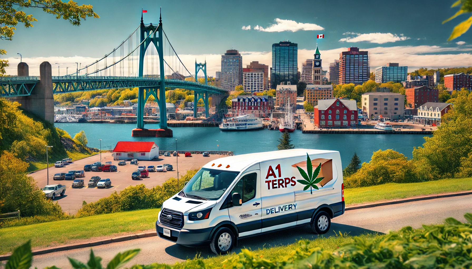 A1 Terps delivery van parked near the waterfront in Saint John, New Brunswick, with the Harbour Bridge and city skyline in the background.