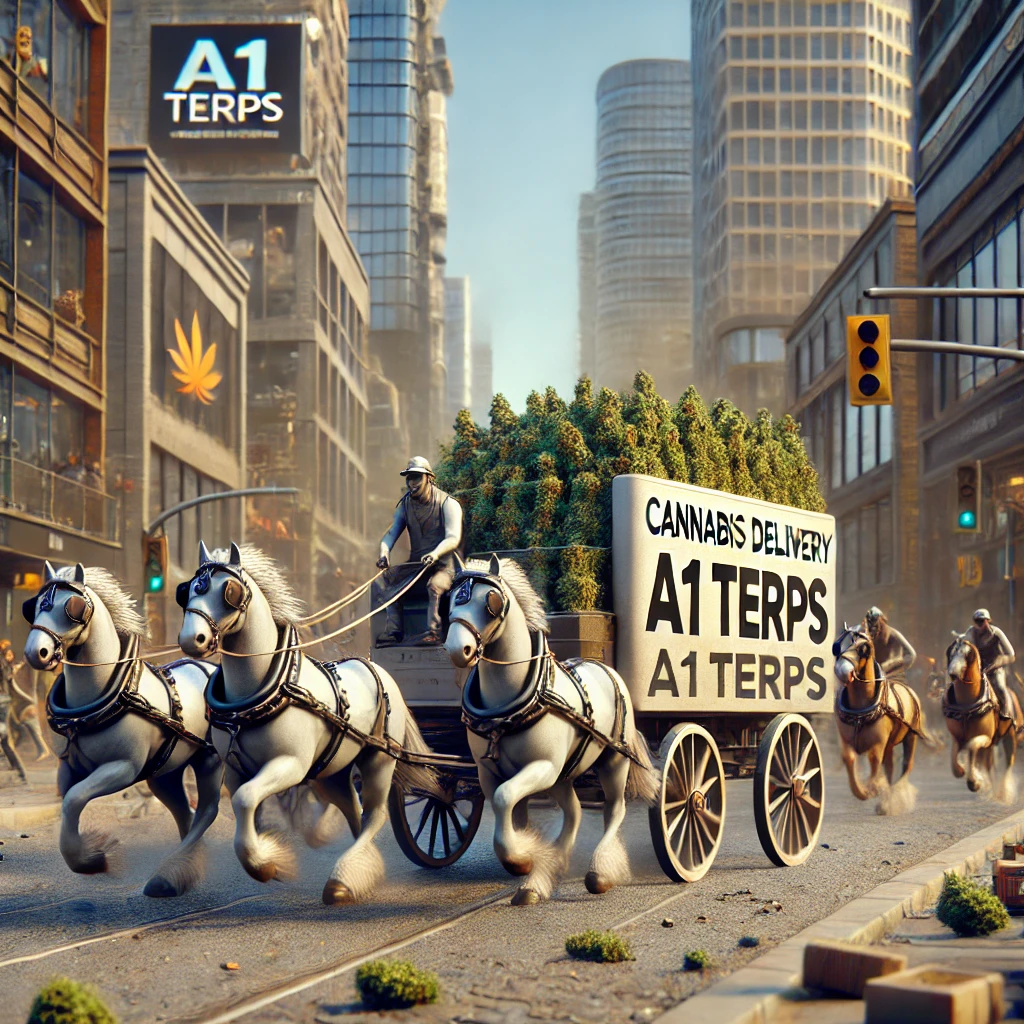 Livraison de cannabis à Québec City avec A1 Terps, chariots tirés par des chevaux traversant la ville.