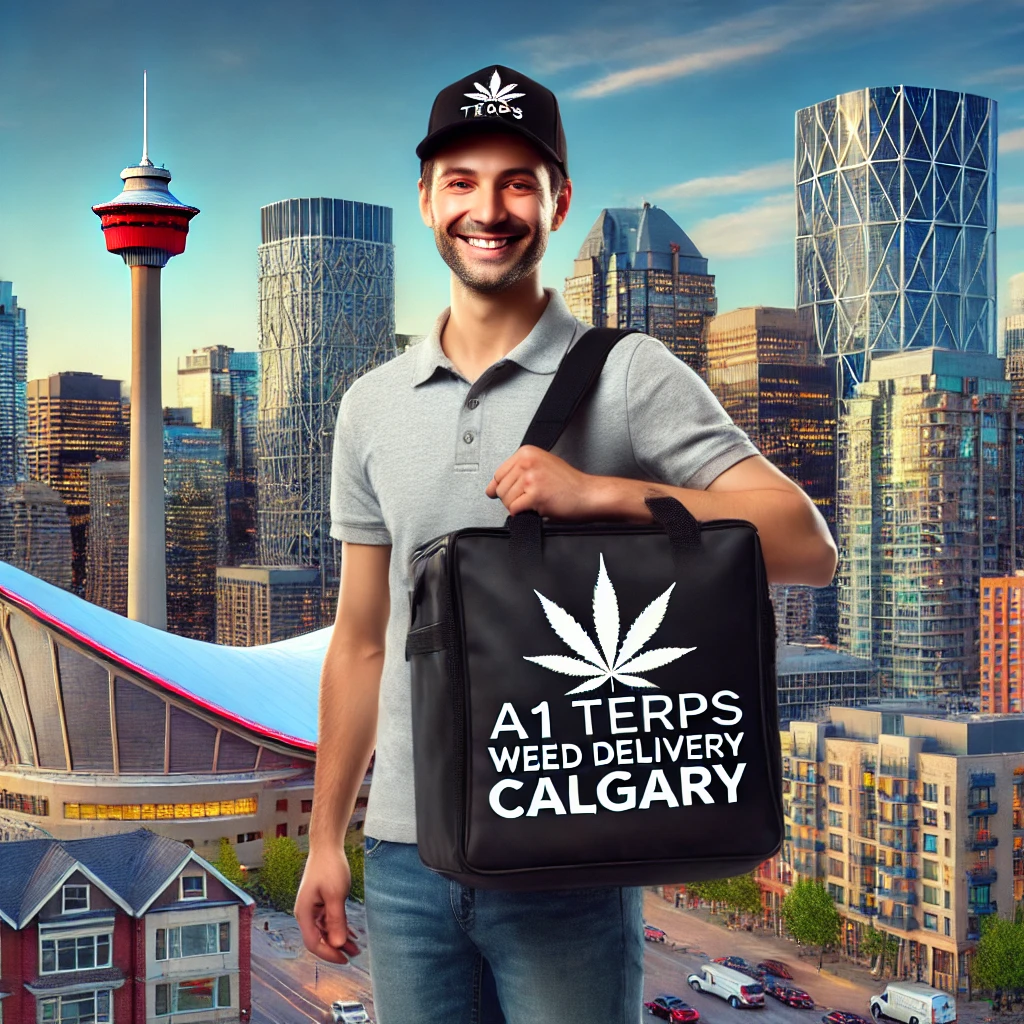 Weed delivery Calgary: A delivery person in front of the downtown skyline