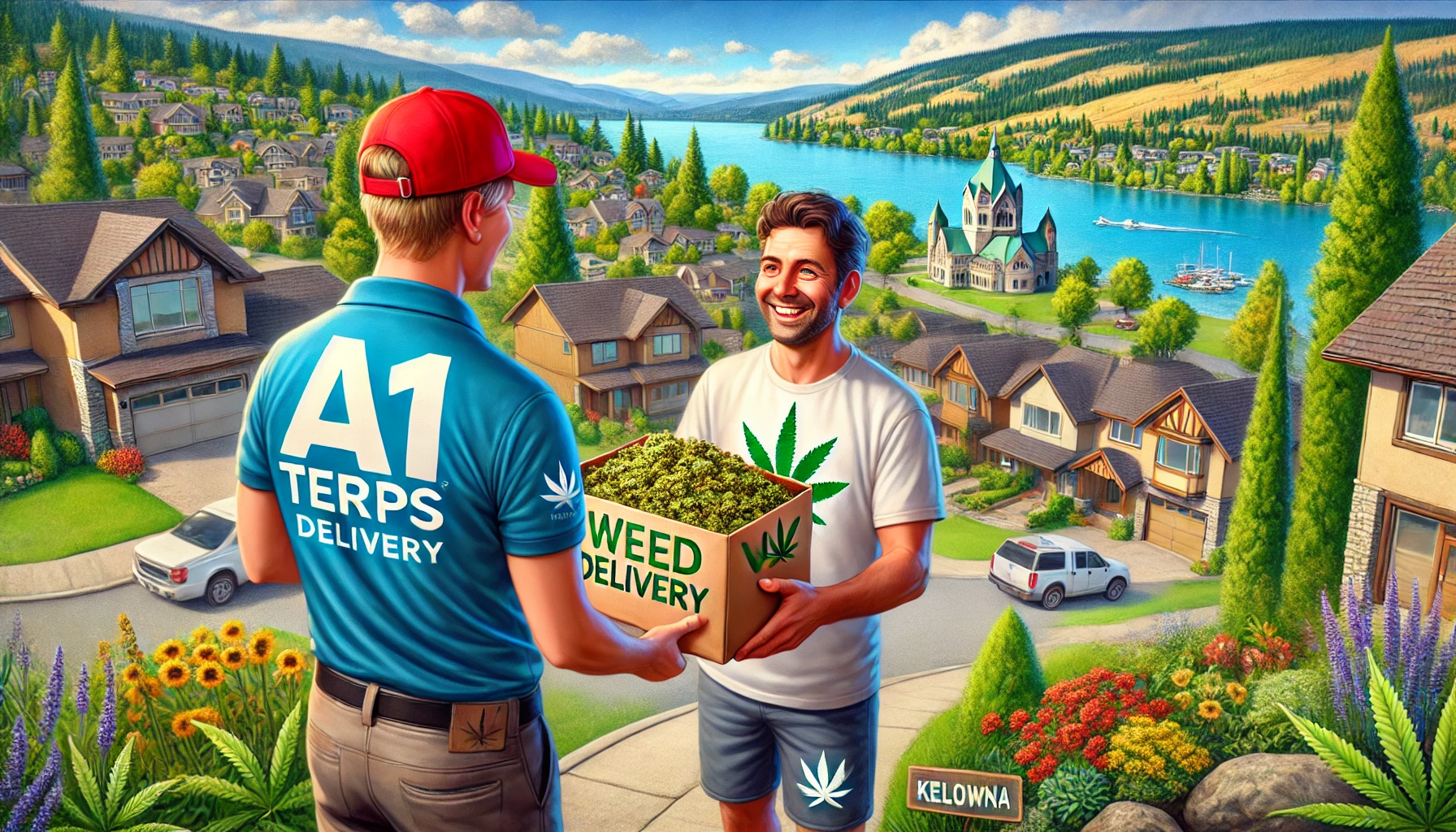 Weed delivery Kelowna realistic illustration of a delivery scene