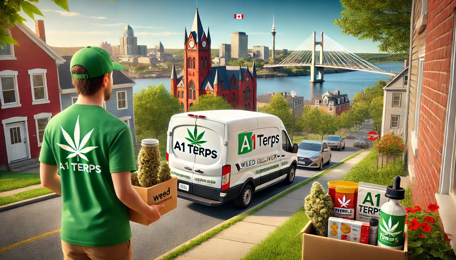 Professional weed delivery service in Moncton with A1 Terps branded vehicle and delivery person in front of iconic city landmarks.