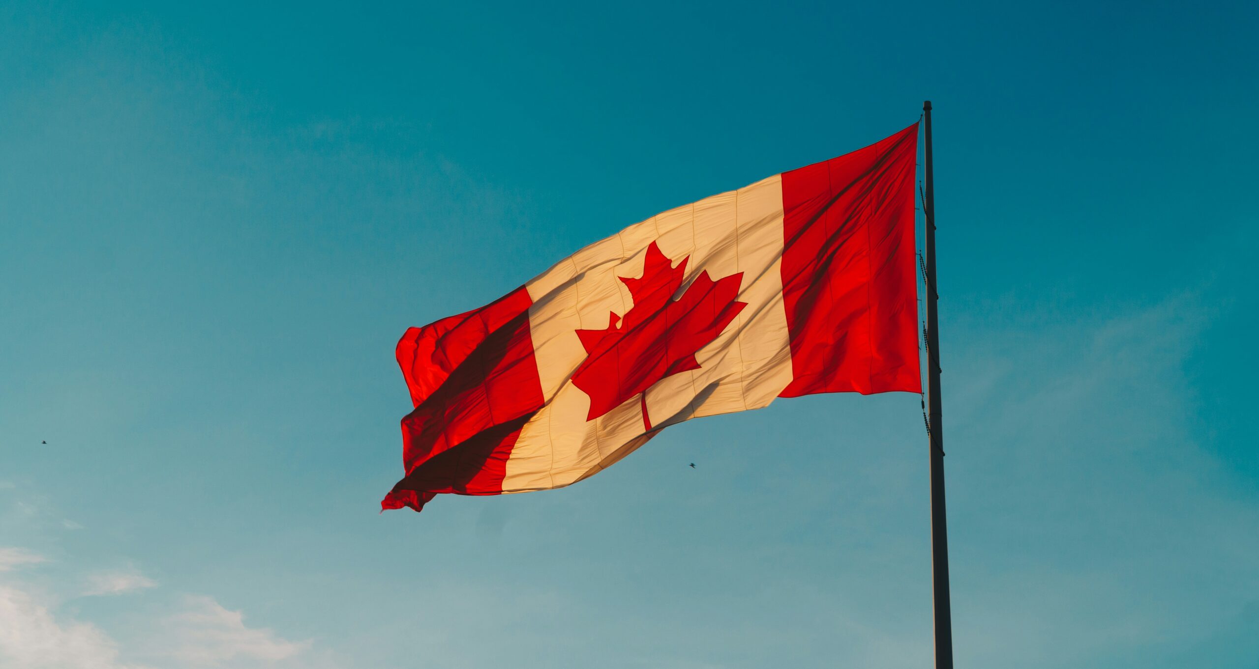 Canadian flag waving in the sky, representing national pride.