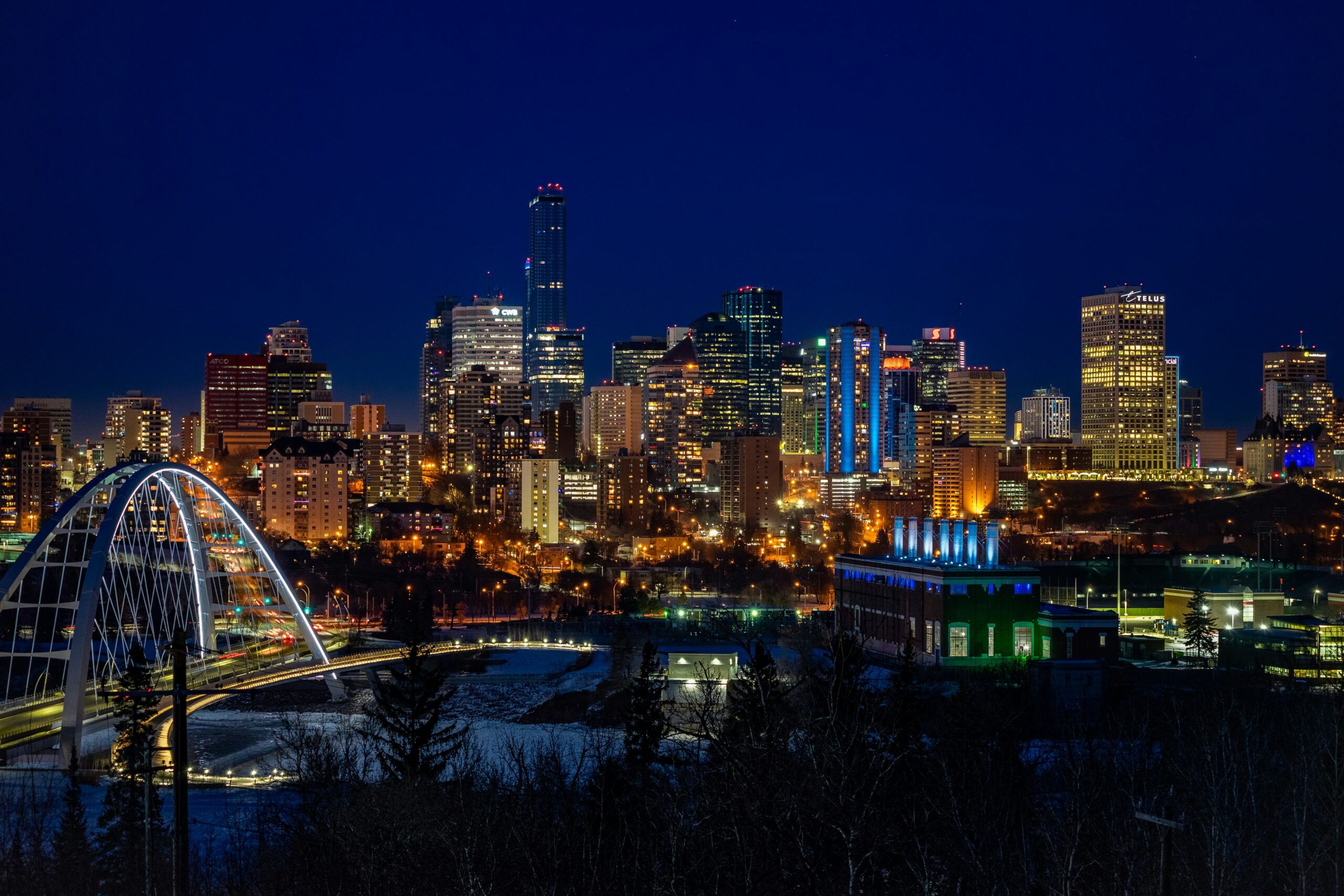 Night view of Edmonton's illuminated skyline