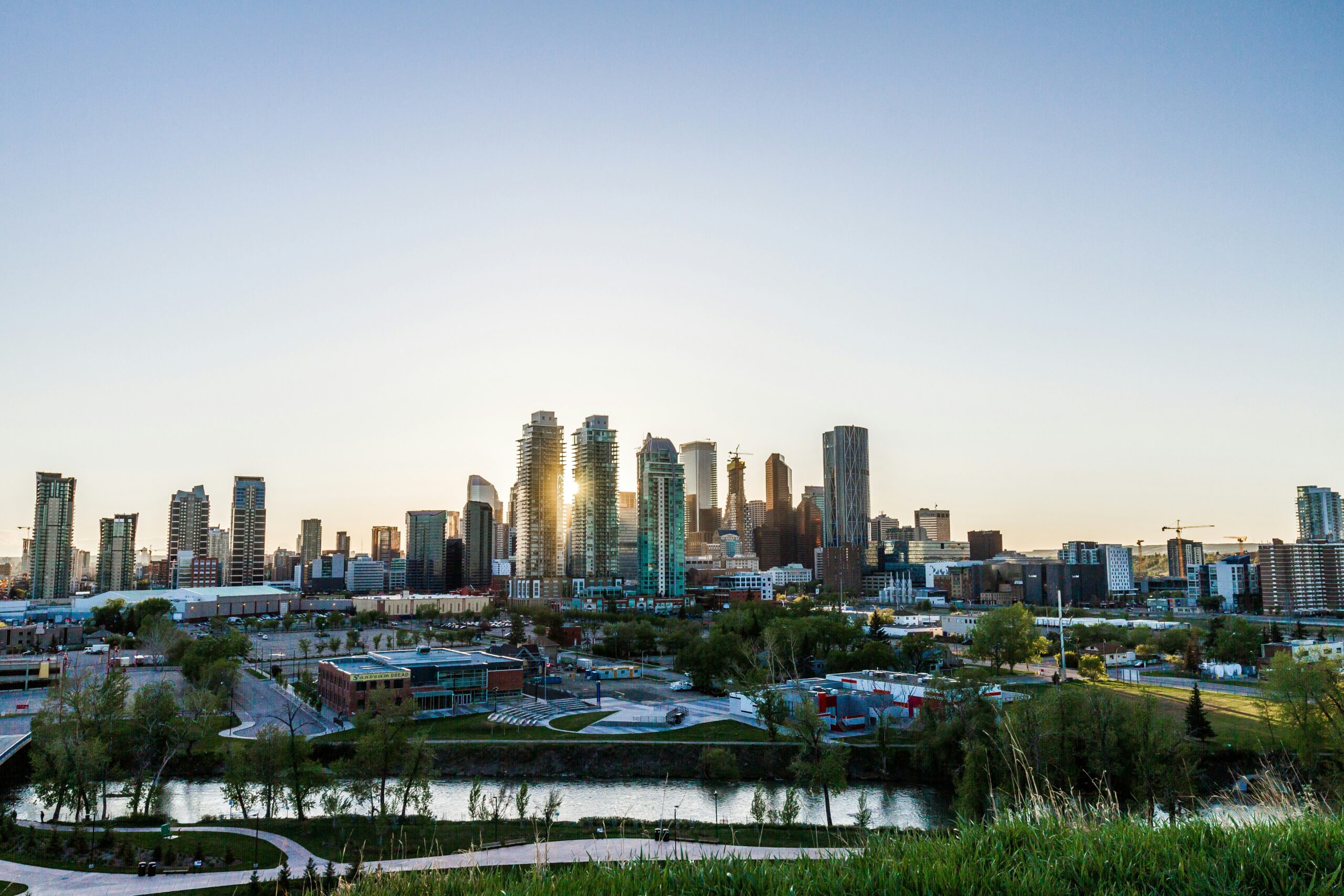 Panoramic view of Calgary skyline at sunrise