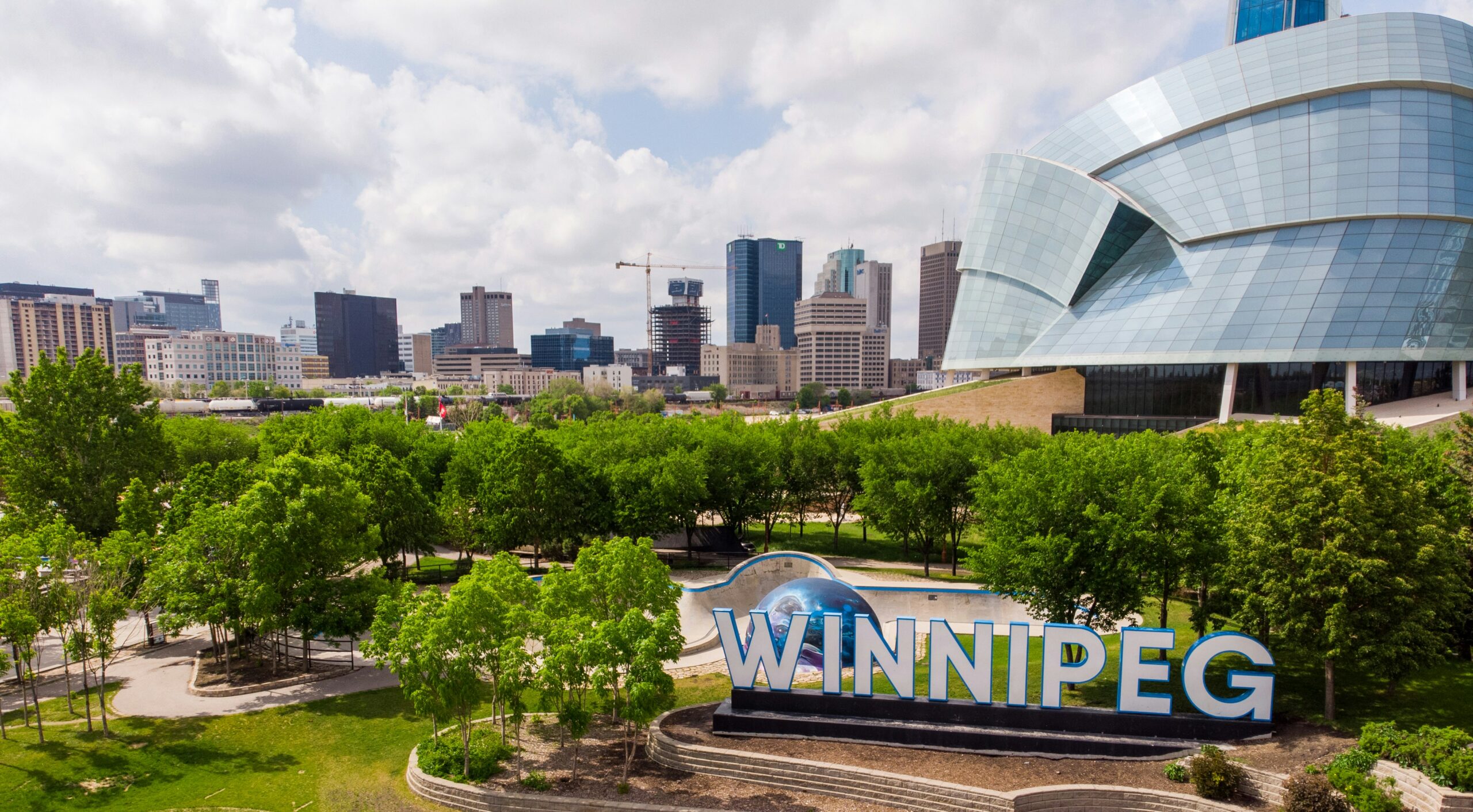Winnipeg skyline with the Canadian Museum for Human Rights, a central spot for weed and cannabis delivery.