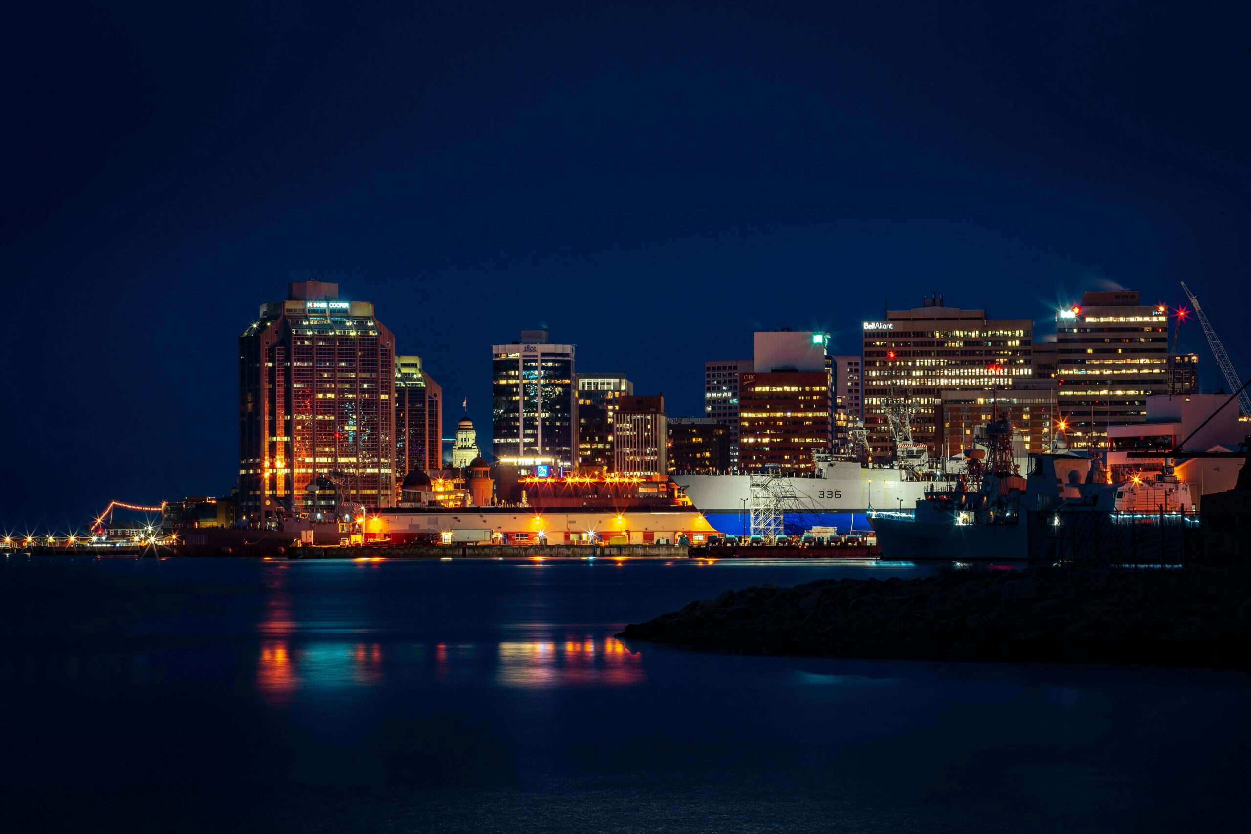 Halifax city skyline at night with illuminated buildings and harbor