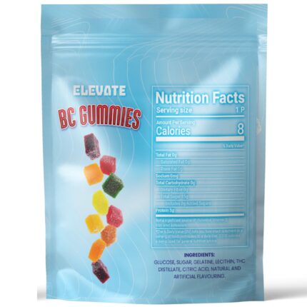 Back view of Elevate BC Gummies packaging showing nutrition facts and ingredients.