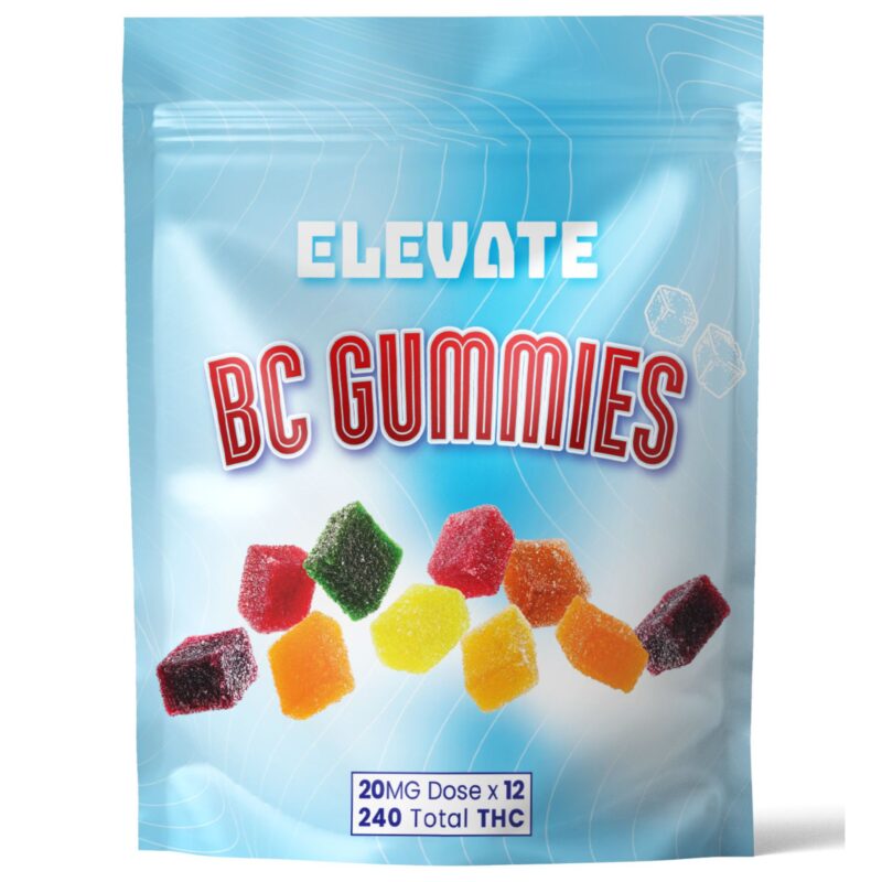 Front view of Elevate BC Gummies packaging, displaying colorful gummies and THC gummy dosage information.