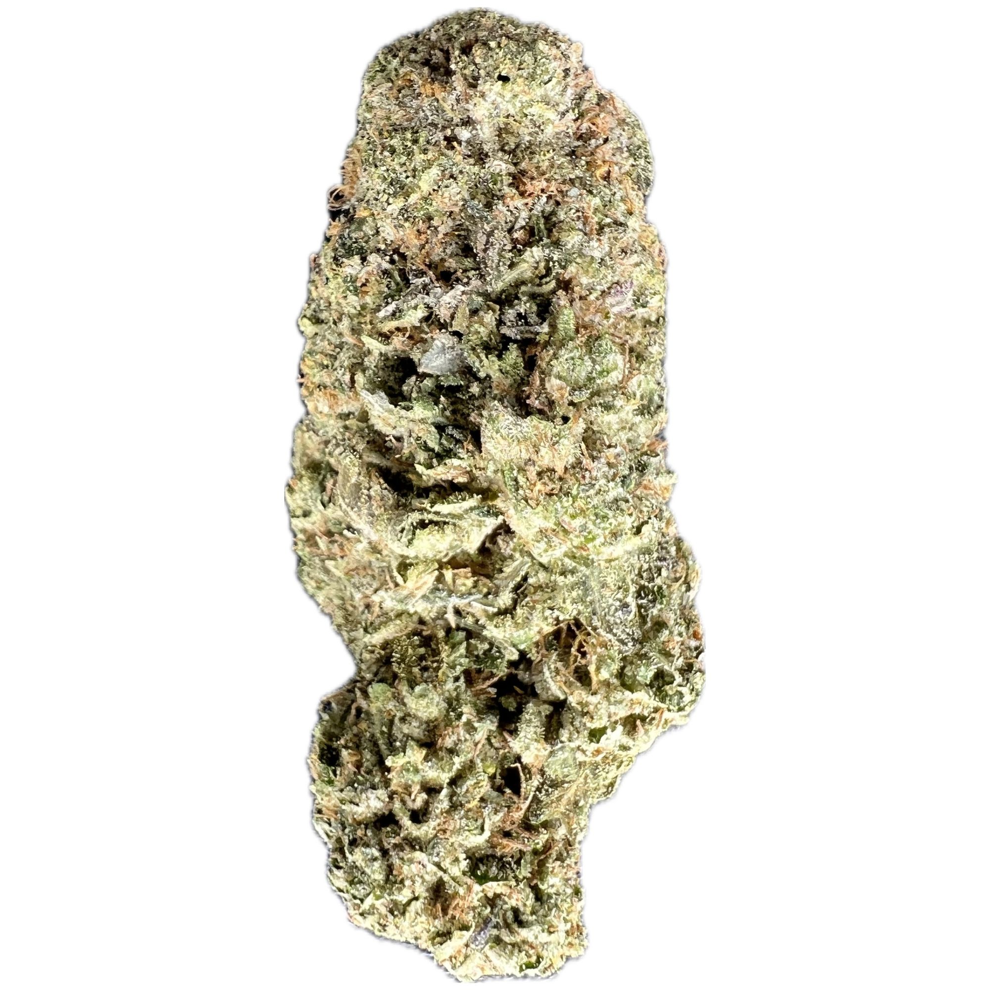 Tuna Kush Strain – Potent Indica Hybrid with a Pungent Aroma and Relaxing Effects Close-up of Tuna Kush strain buds, showcasing dense, resin-coated green buds with trichomes and orange hairs.